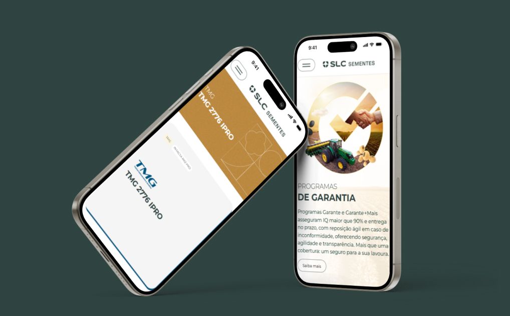 Mockups de celular com o site institucional da SLC Sementes na tela.