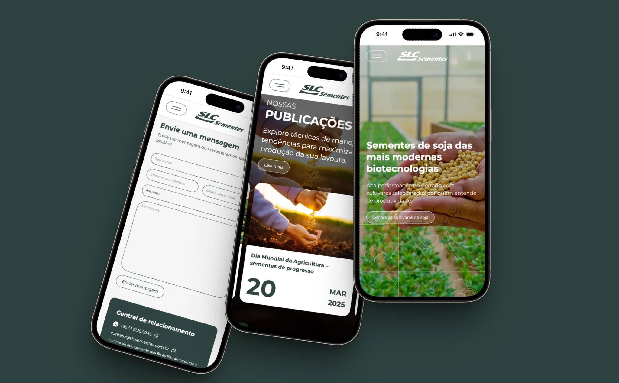 Mockups de celular com o site institucional da SLC Sementes na tela.
