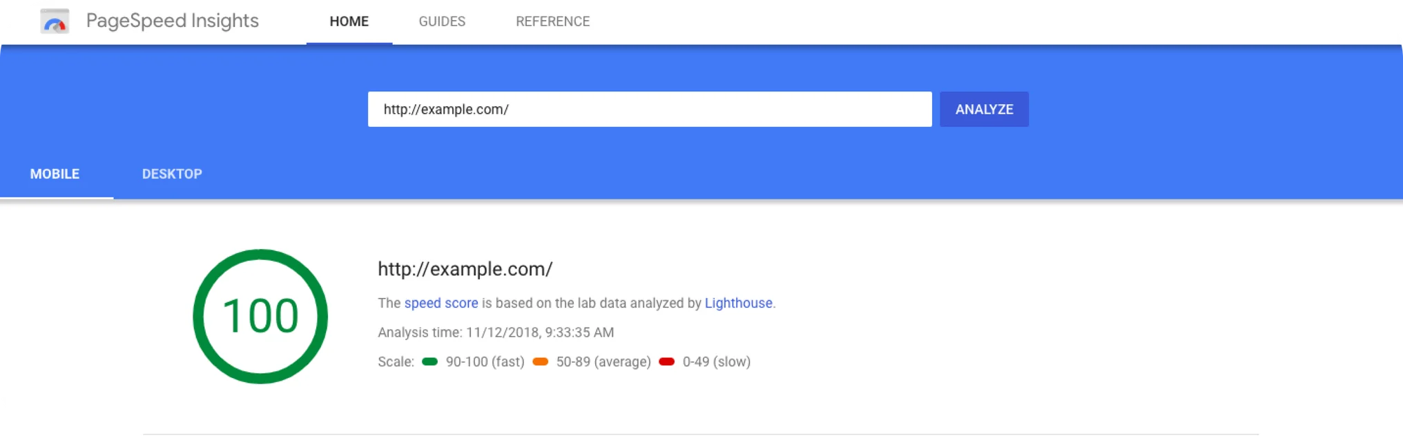 Página da PageSpeed Insights com um relatório exemplo.