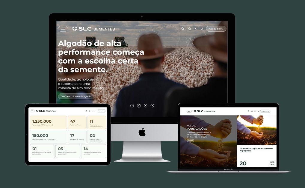 Mockups de diversos dispositivos com o site institucional da SLC Sementes na tela.