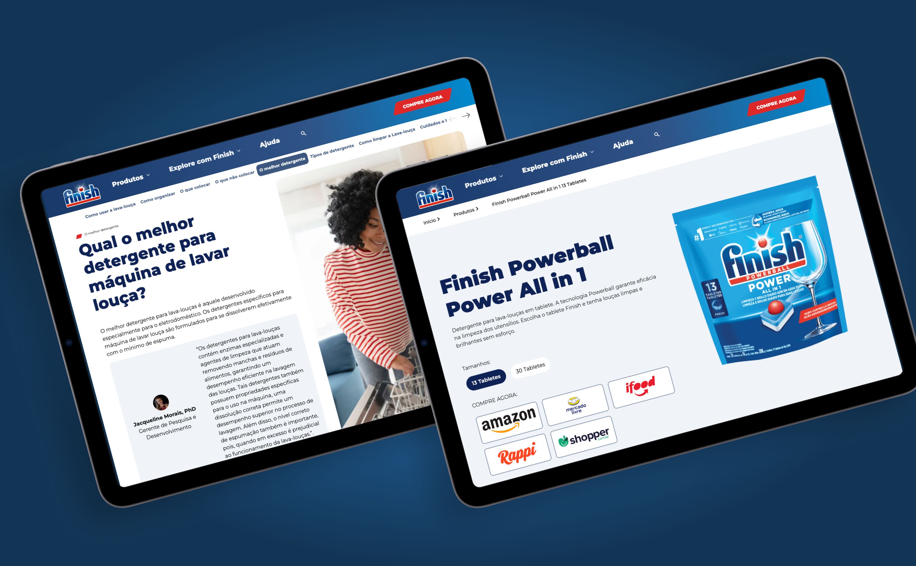 Mockups de Ipads apresentando várias páginas do novo site institucional da Finish