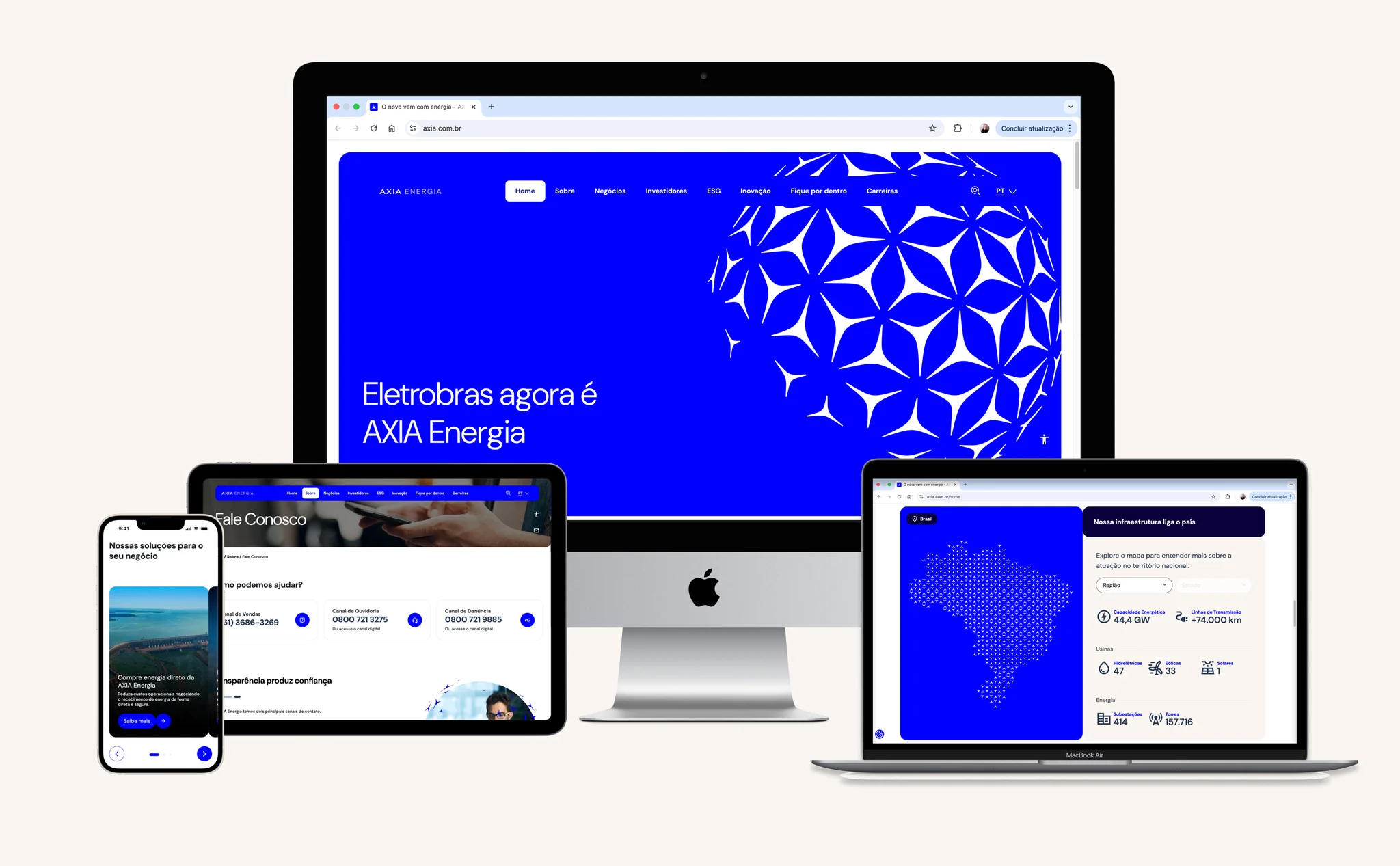 Diversos dispositivos apresentando na tela o novo site institucional da Axia Energia, antiga Eletrobras, desenvolvido pela BASE Digital.