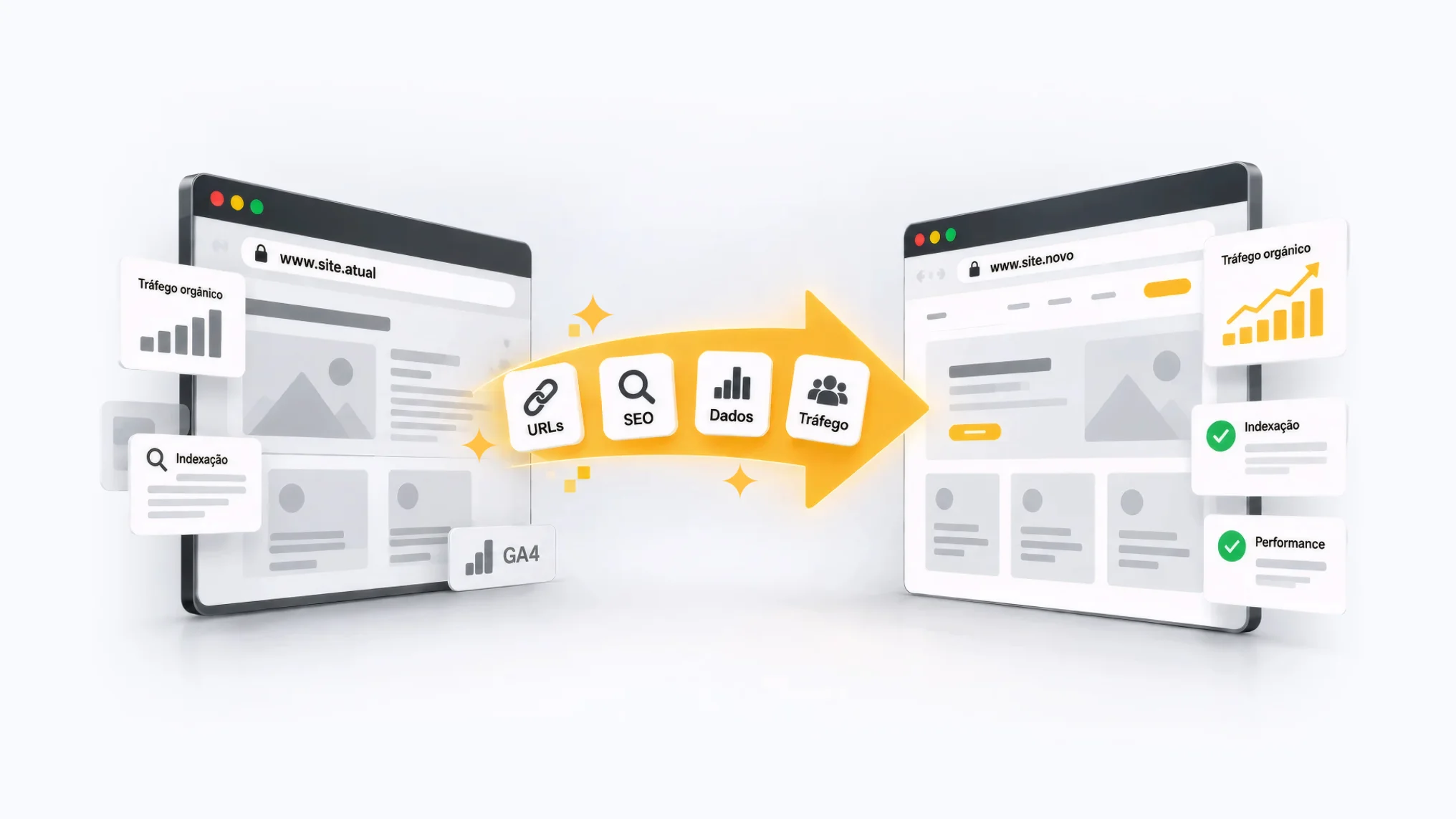 Ilustração de migração de site, com o site atual sendo direcionado para um novo site e a preservação de URLs, SEO, dados e tráfego.