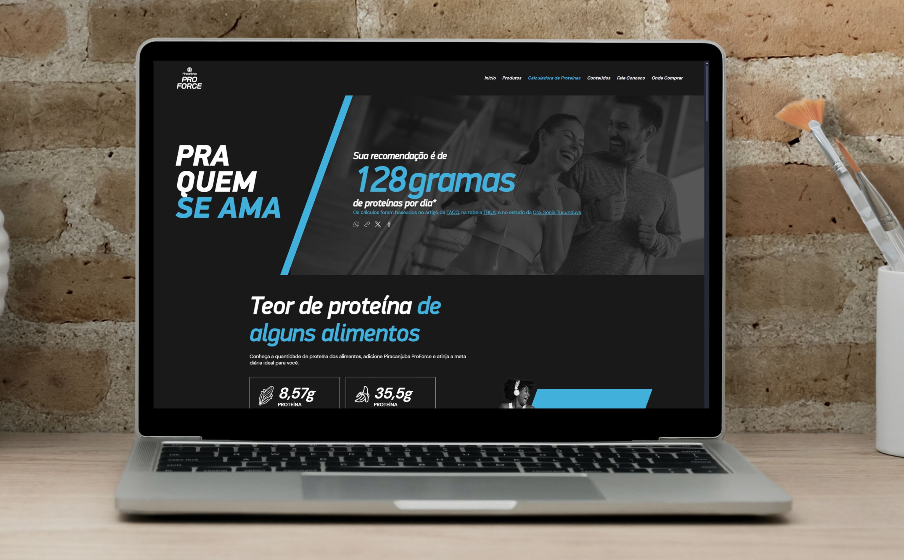 Notebook apresentando na tela o site institucional da Piracanjuba ProForce desenvolvido pela BASE Digital.