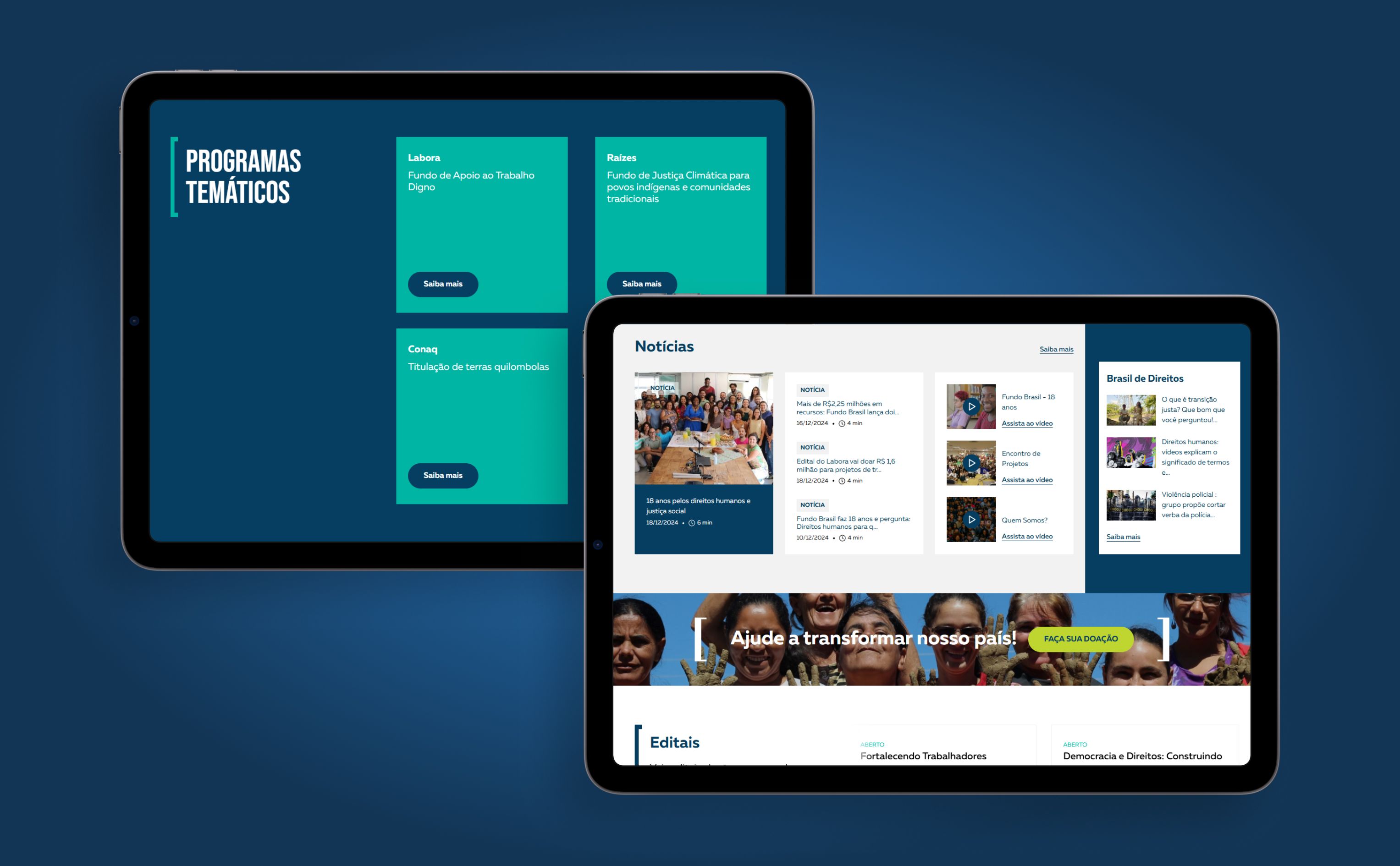 Mockup de tablet mostrando a seção de notícias e programas do site do Fundo Brasil, destacando os detalhes sobre as iniciativas apoiadas.