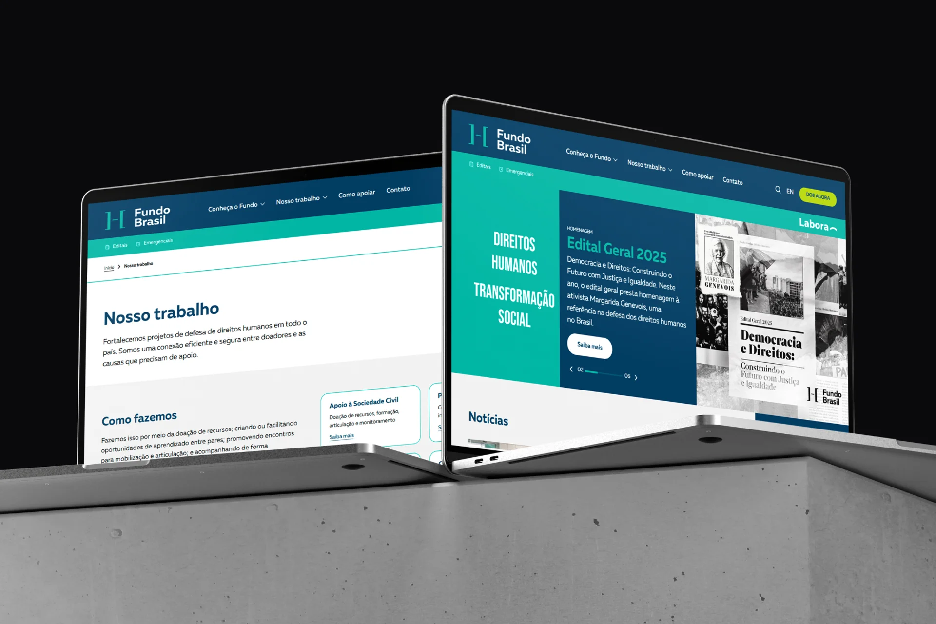 Mockup de um notebook exibindo a página inicial do site institucional do Fundo Brasil, com design moderno e navegação intuitiva.