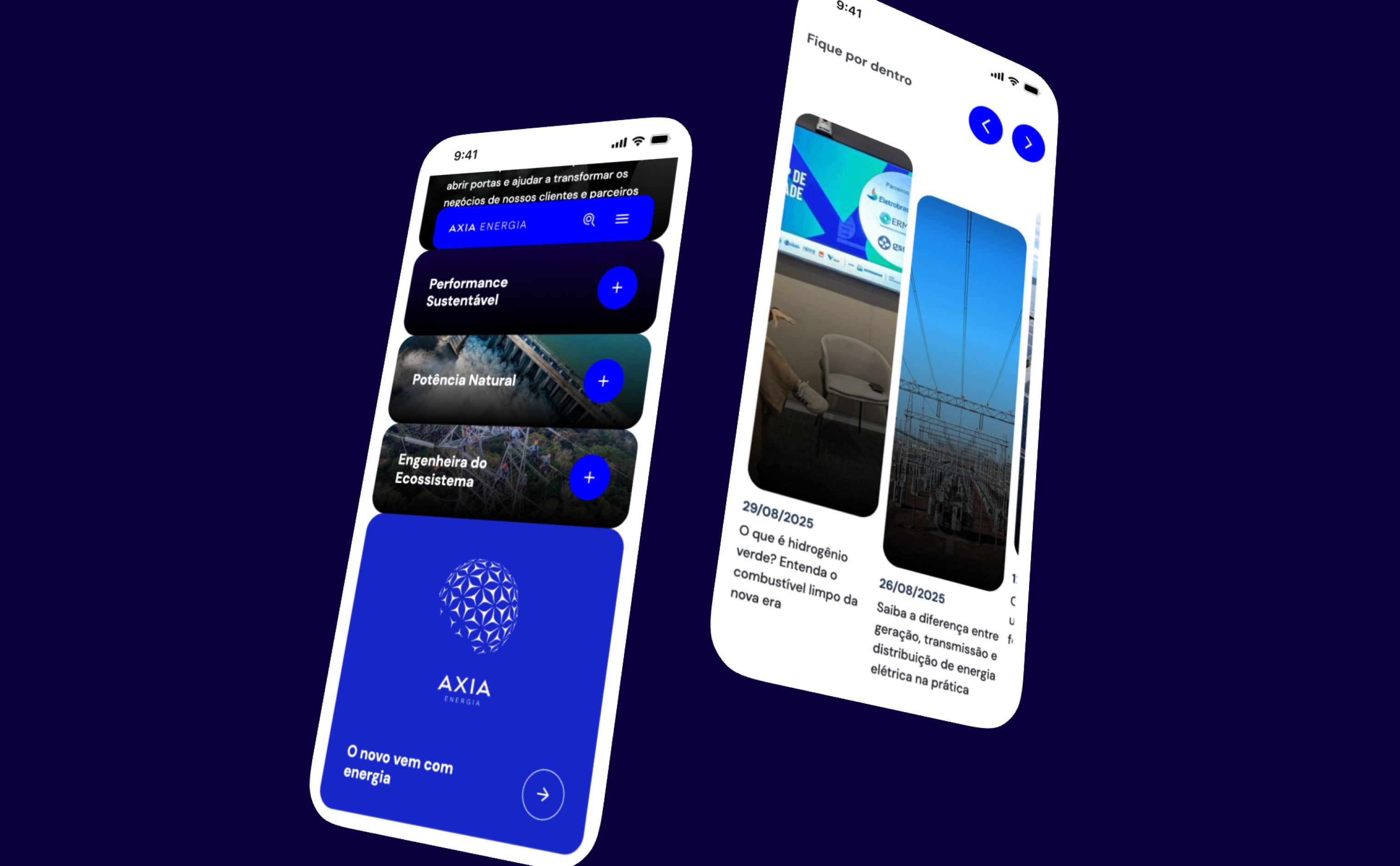 Celulares apresentando na tela o novo site institucional da Axia Energia, antiga Eletrobras, desenvolvido pela BASE Digital.