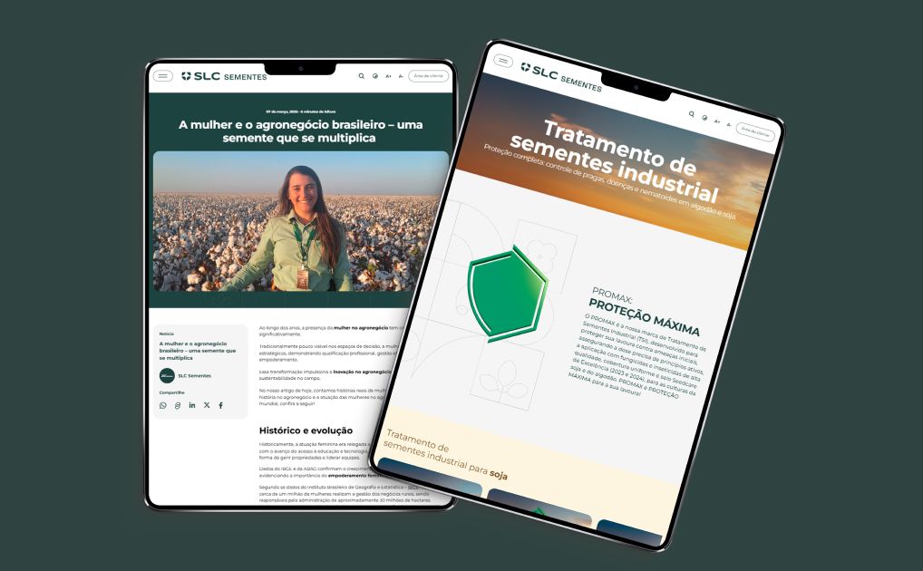 Mockup de tablet com o site institucional da SLC Sementes na tela.