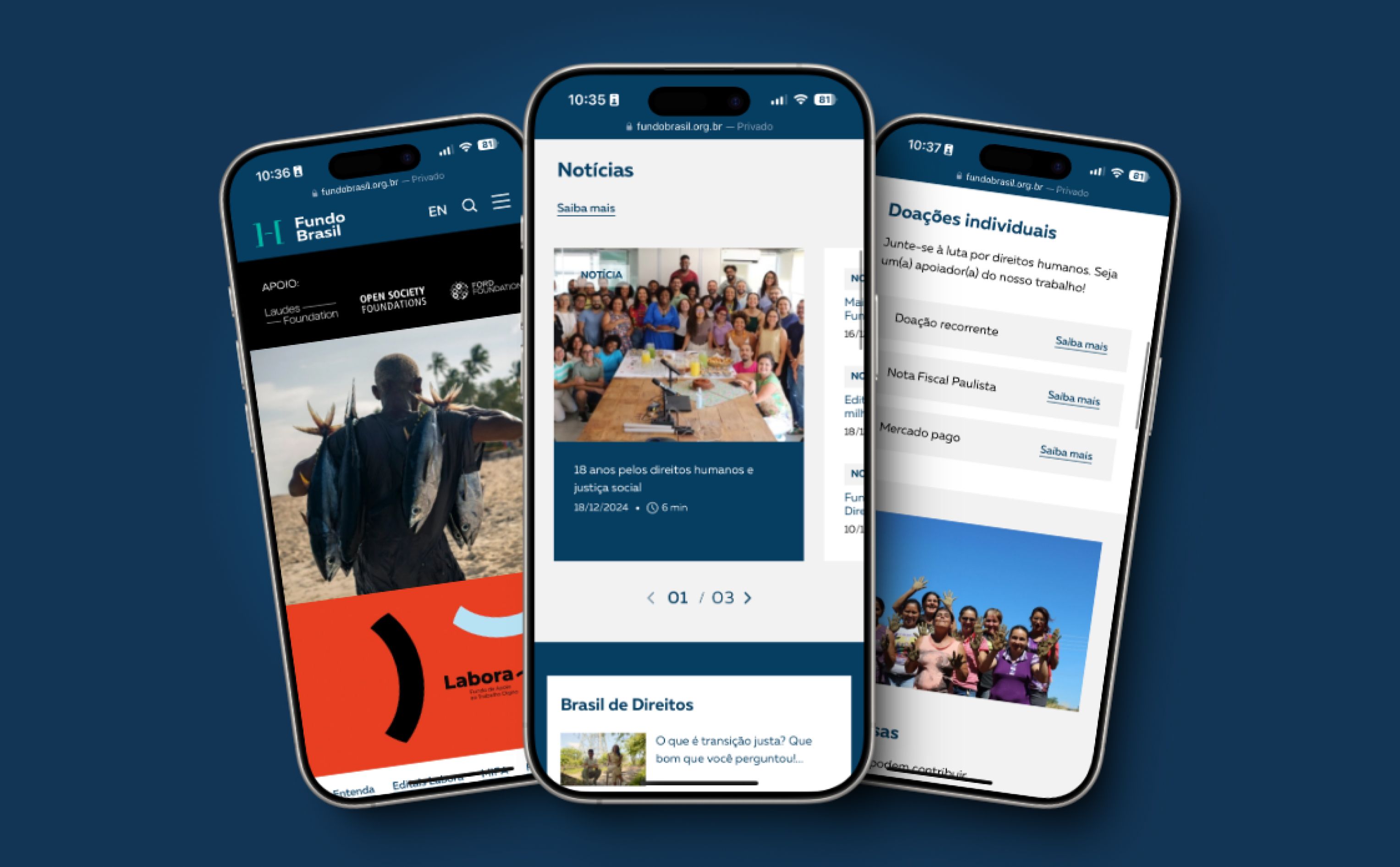 Mockup de um celular exibindo a página de contato do site do Fundo Brasil, com layout otimizado para dispositivos móveis.