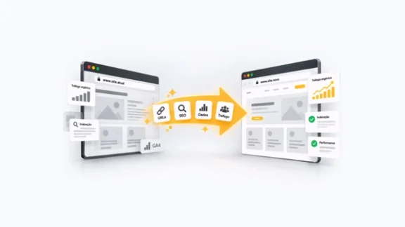 Ilustração de migração de site, com o site atual sendo direcionado para um novo site e a preservação de URLs, SEO, dados e tráfego.