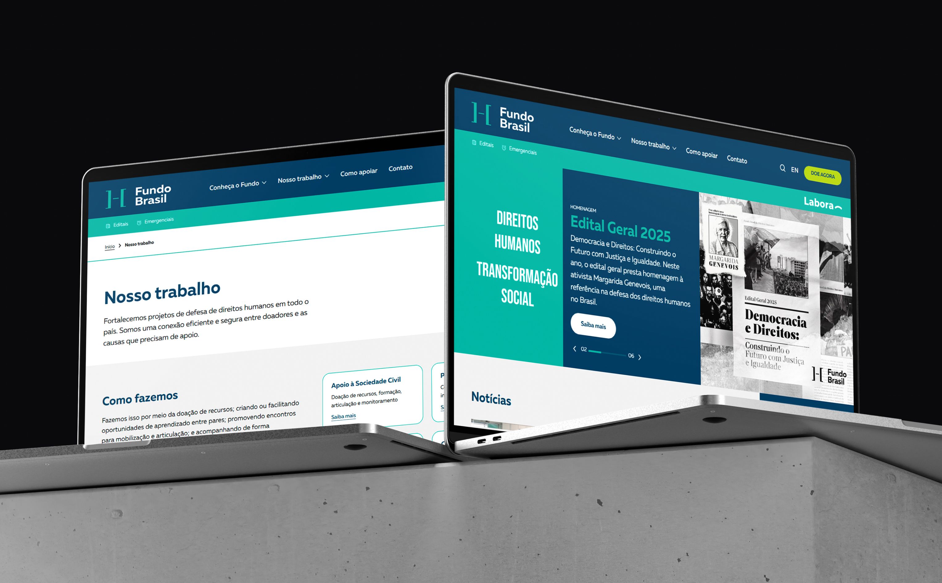 Mockup de um notebook exibindo a página inicial do site institucional do Fundo Brasil, com design moderno e navegação intuitiva.