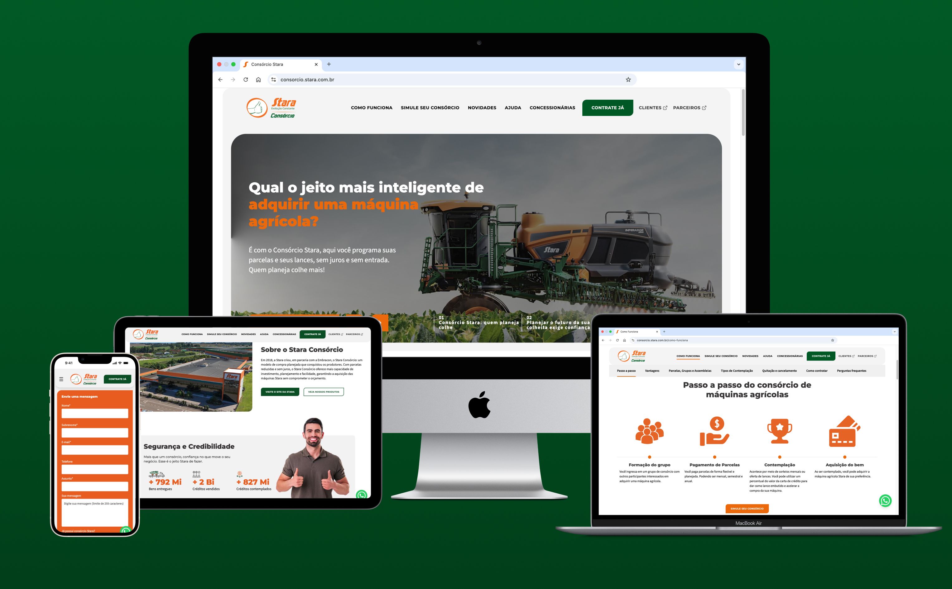 Diversos dispositivos apresentando na tela o novo site institucional da Stara Consórcio, desenvolvido pela BASE Digital.