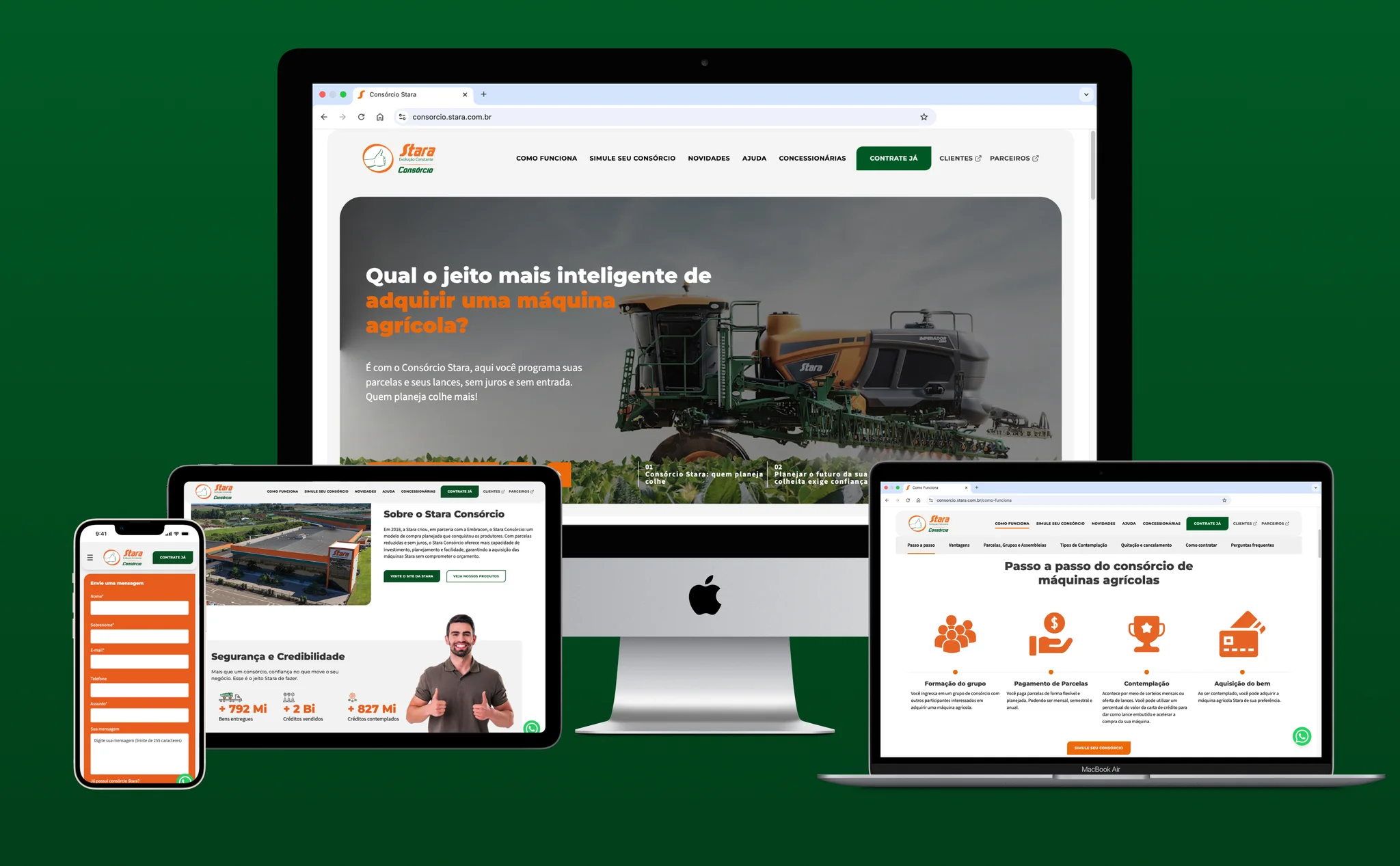 Diversos dispositivos apresentando na tela o novo site institucional da Stara Consórcio, desenvolvido pela BASE Digital.