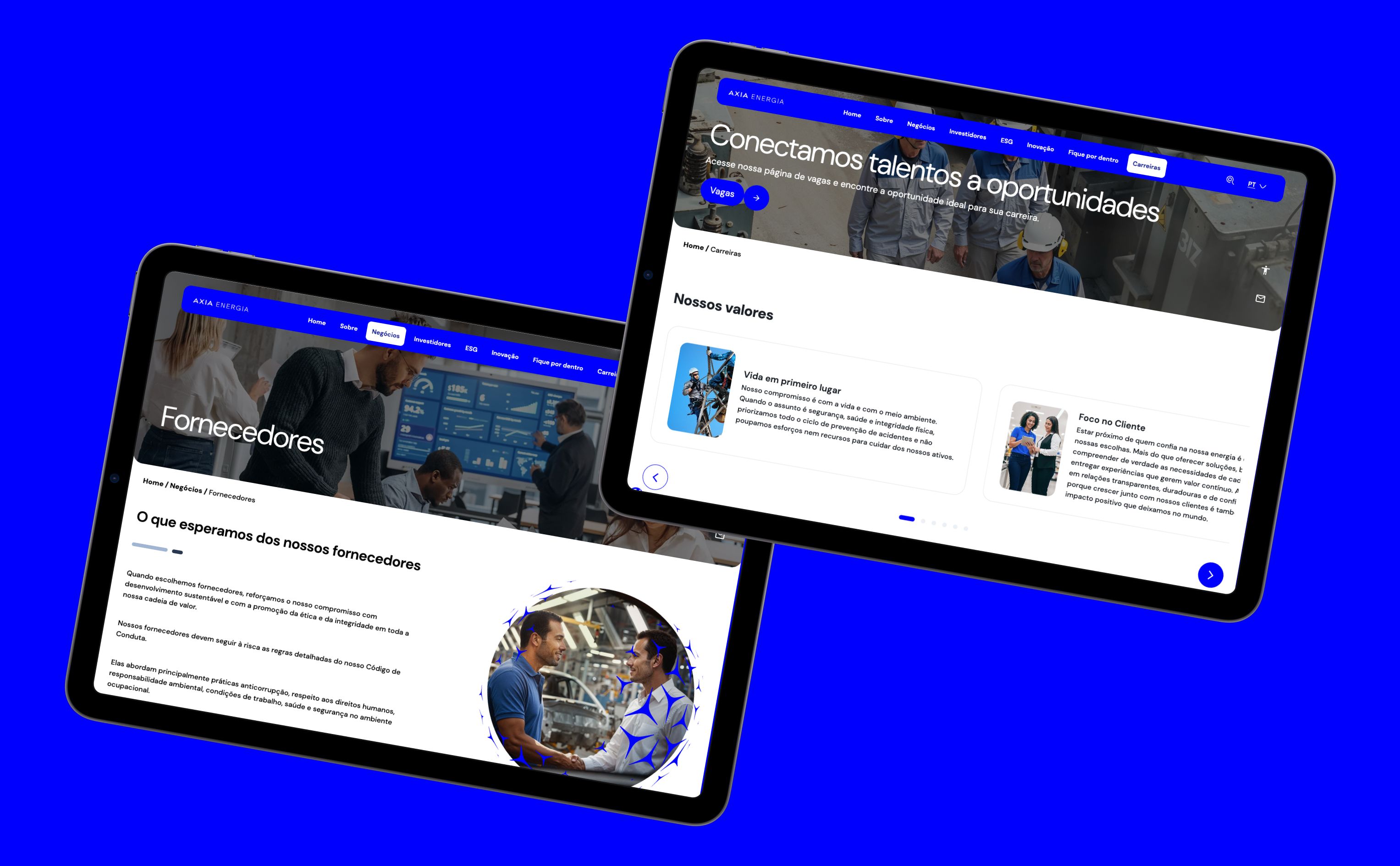 Tablets apresentando na tela o novo site institucional da Axia Energia, antiga Eletrobras, desenvolvido pela BASE Digital.