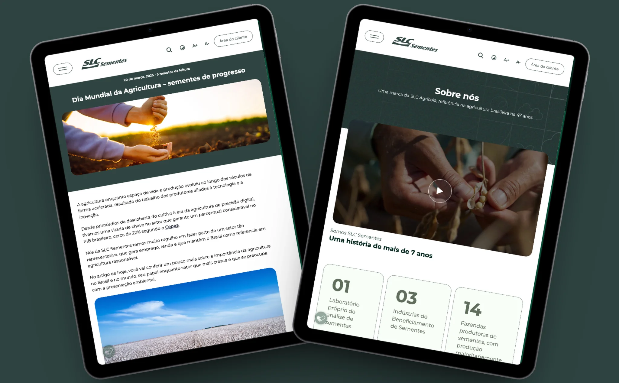 Mockup de tablet com o site institucional da SLC Sementes na tela.