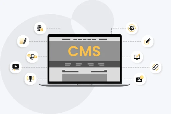 Dispositivo com um wireframe de site e vários ícones representando todos os conteúdos cadastrados a partir do CMS.