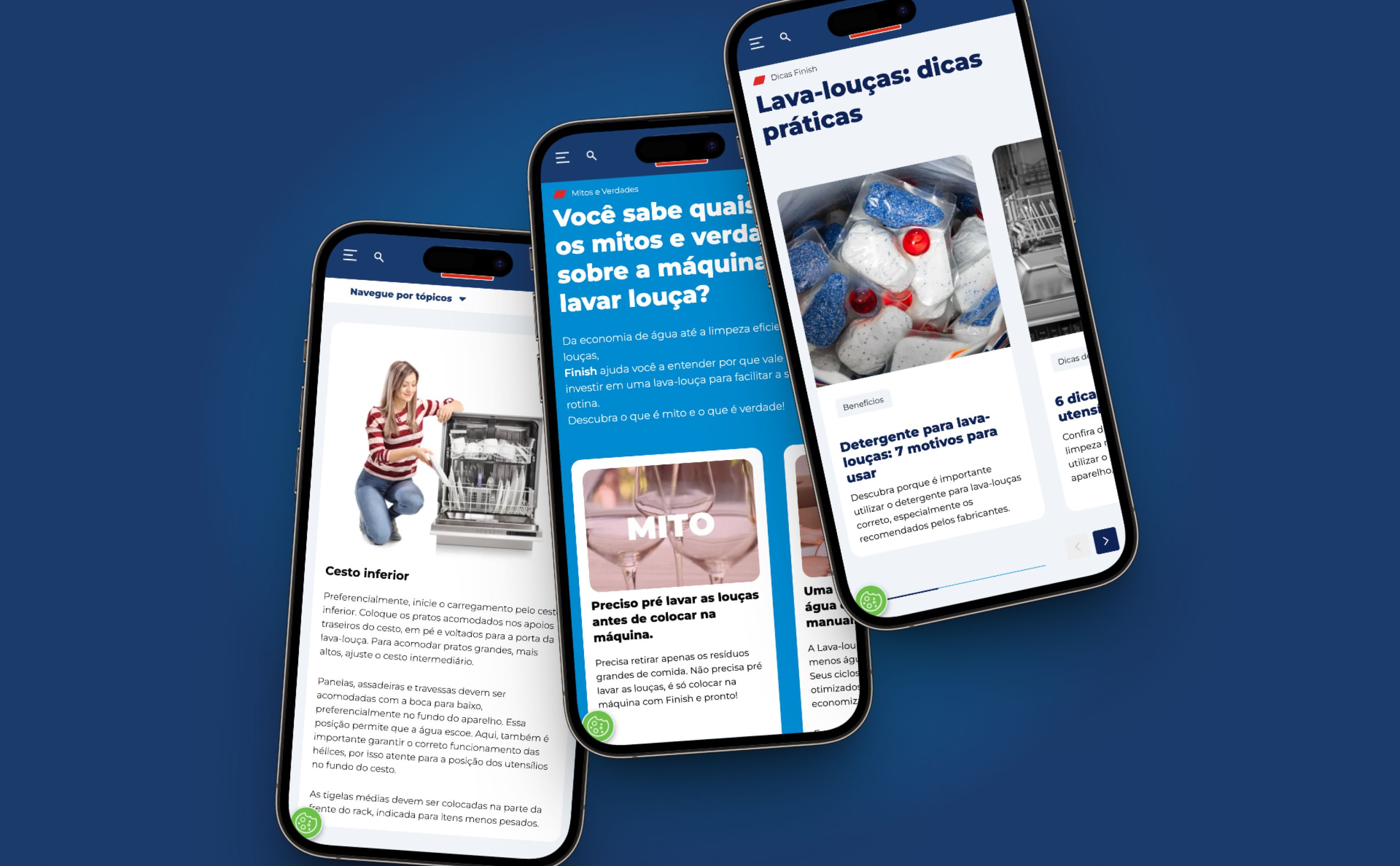 Mockups de celulares apresentando várias páginas do novo site institucional da Finish