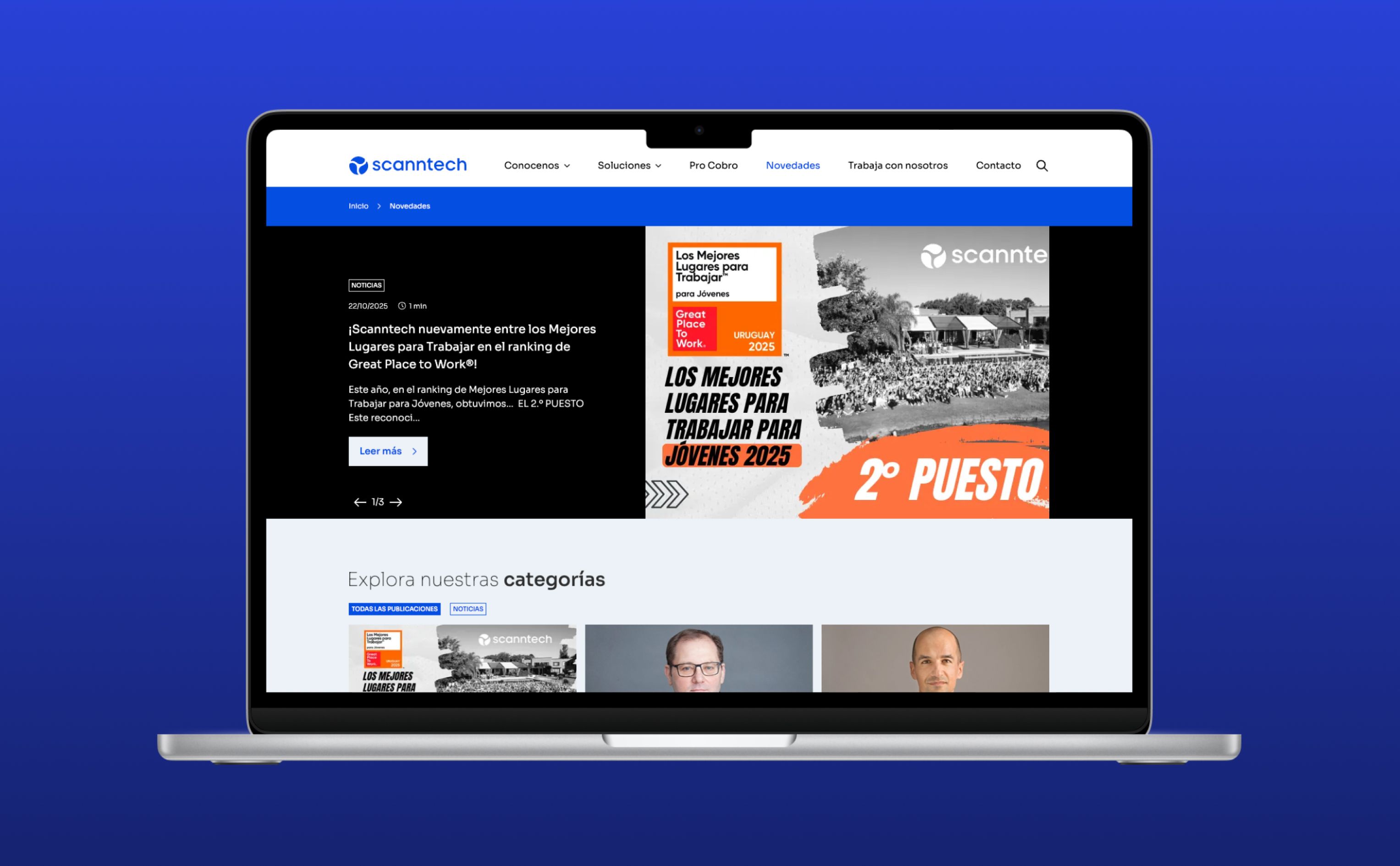 Laptop apresentando na tela o novo site institucional da Scanntech Uruguai, desenvolvido pela BASE Digital.