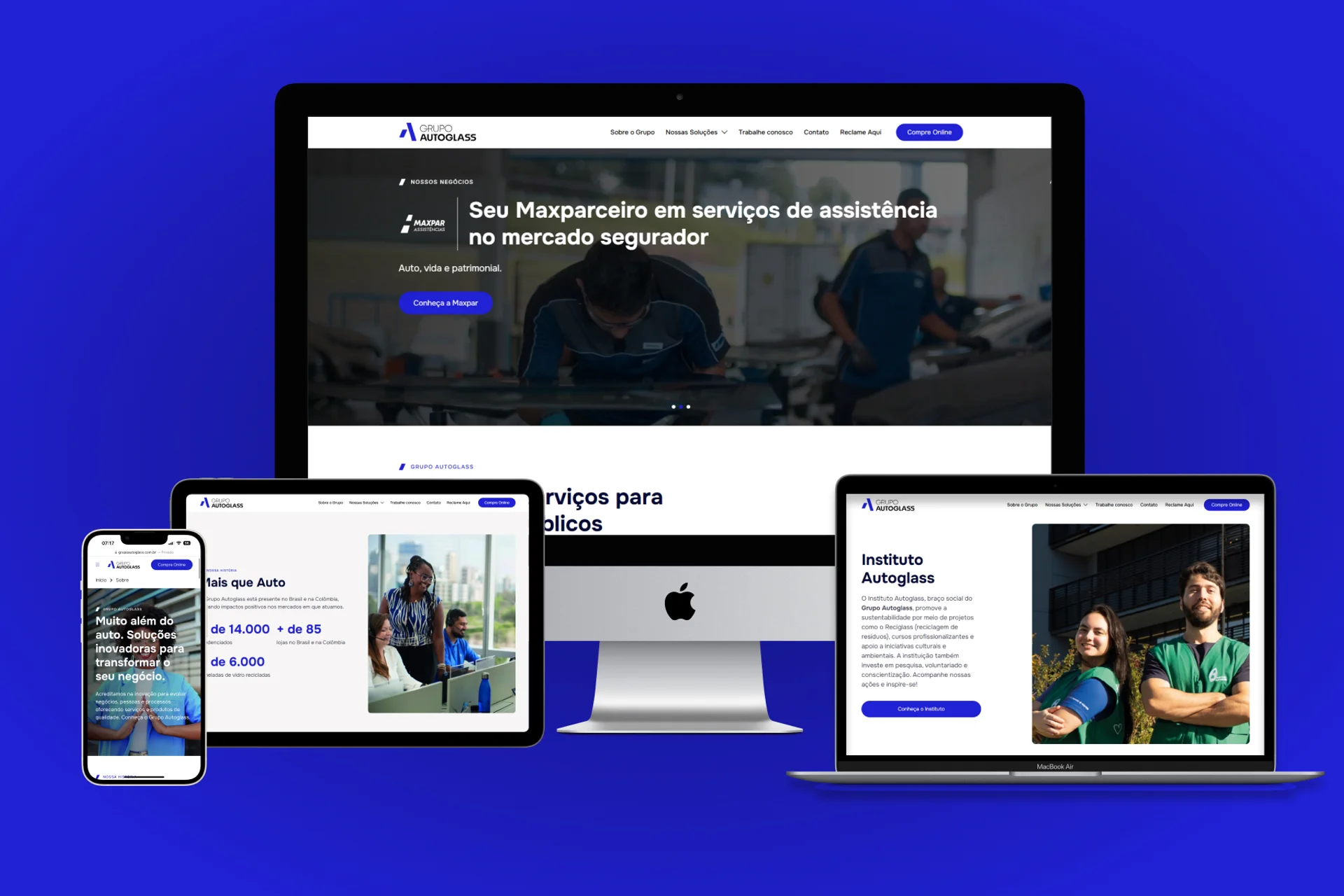 Diversos dispositivos apresentando na tela o novo site do Grupo Autoglass.