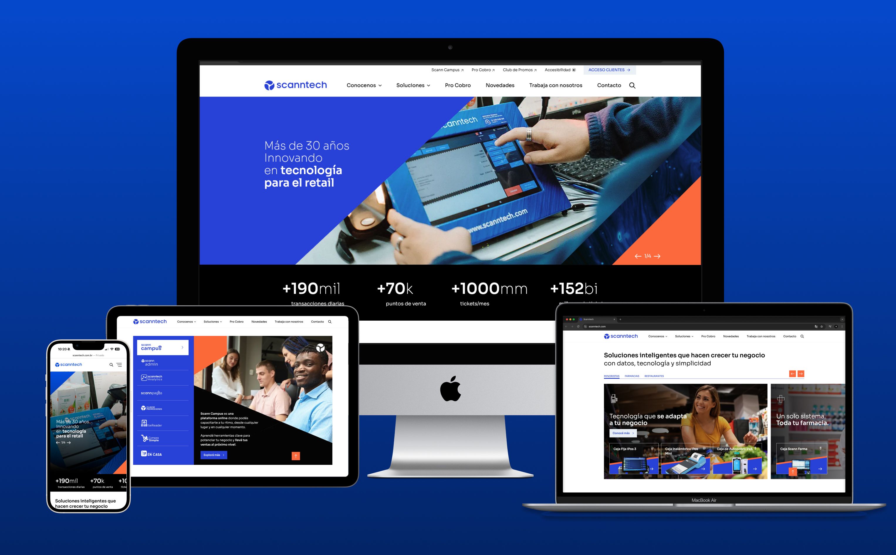 Diversos dispositivos apresentando na tela o novo site institucional da Scanntech Uruguai, desenvolvido pela BASE Digital.