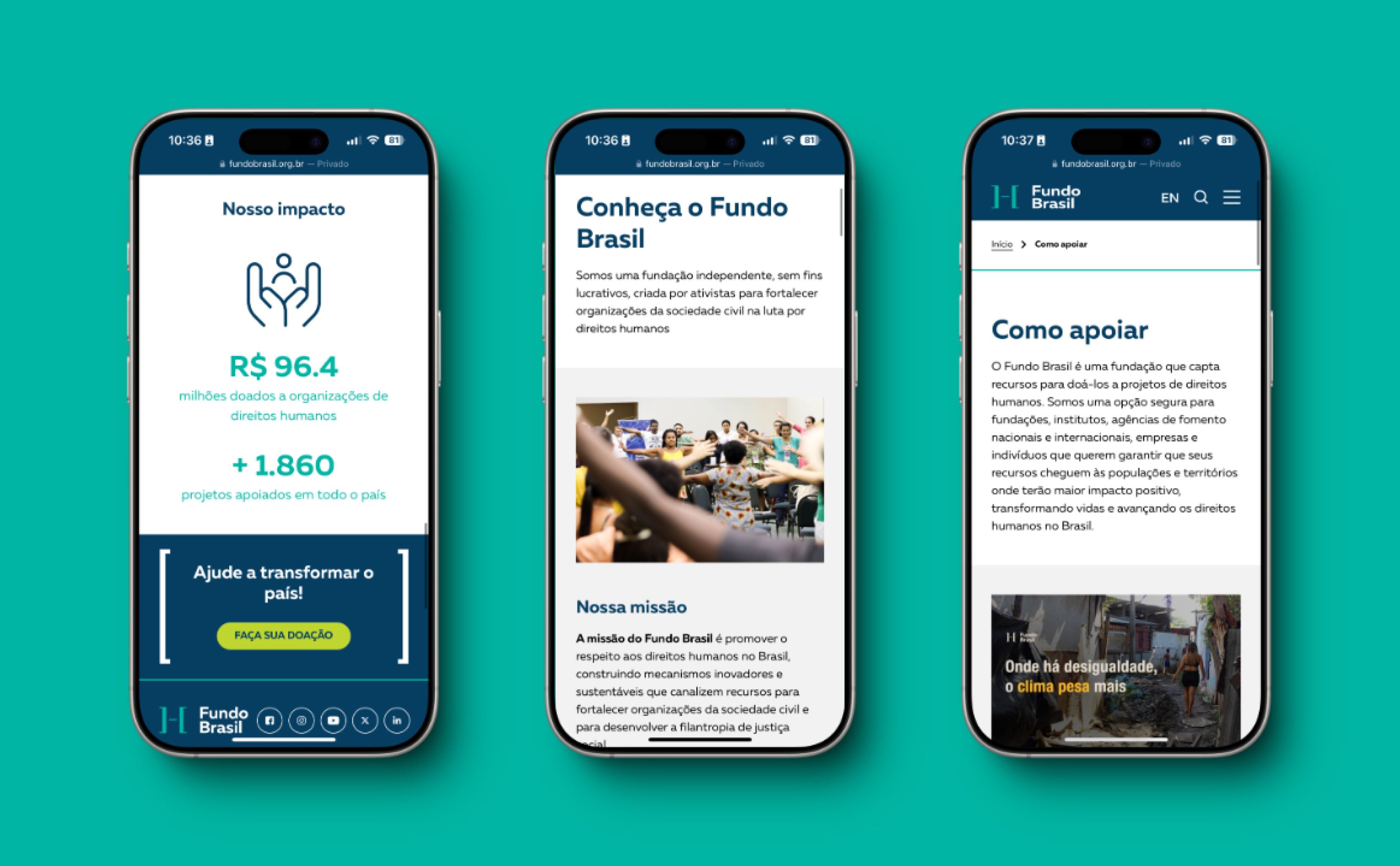 Mockup de um celular exibindo a página de contato do site do Fundo Brasil, com layout otimizado para dispositivos móveis.
