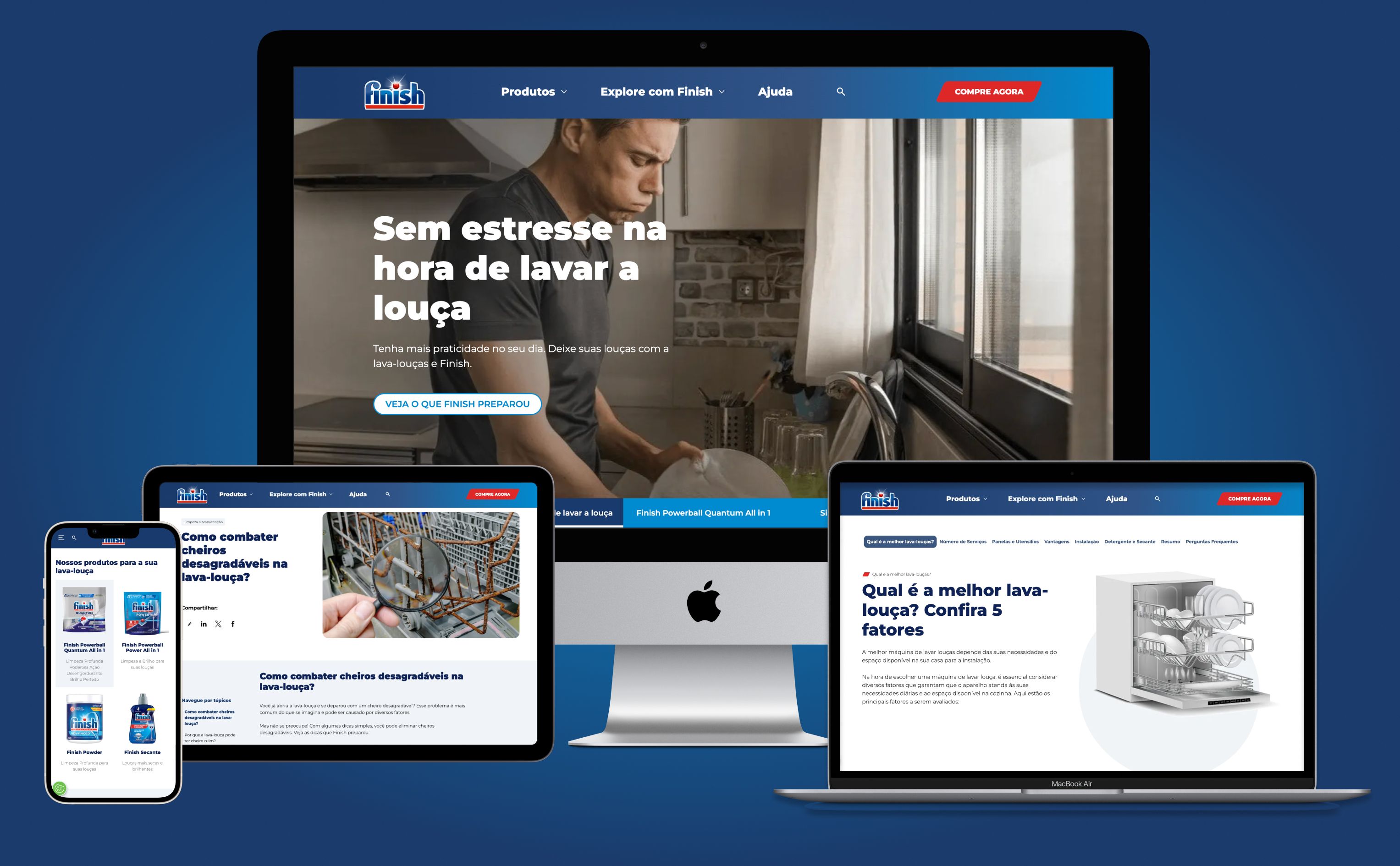 Múltiplos mockups apresentando várias páginas do novo site institucional da Finish