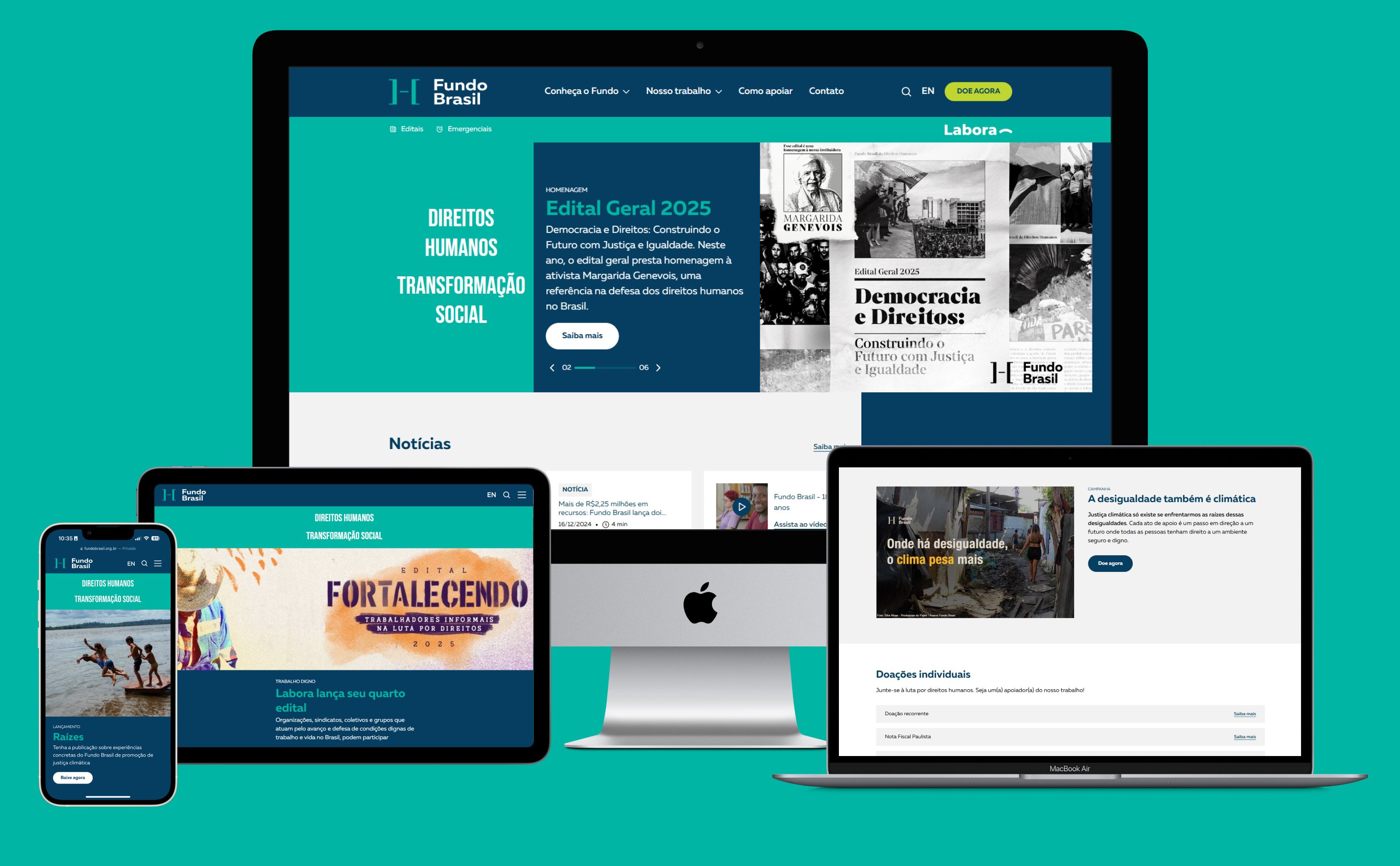 Conjunto de mockups apresentando as telas do site do Fundo Brasil em diferentes dispositivos (notebook, tablet e celular), demonstrando responsividade e coesão visual.