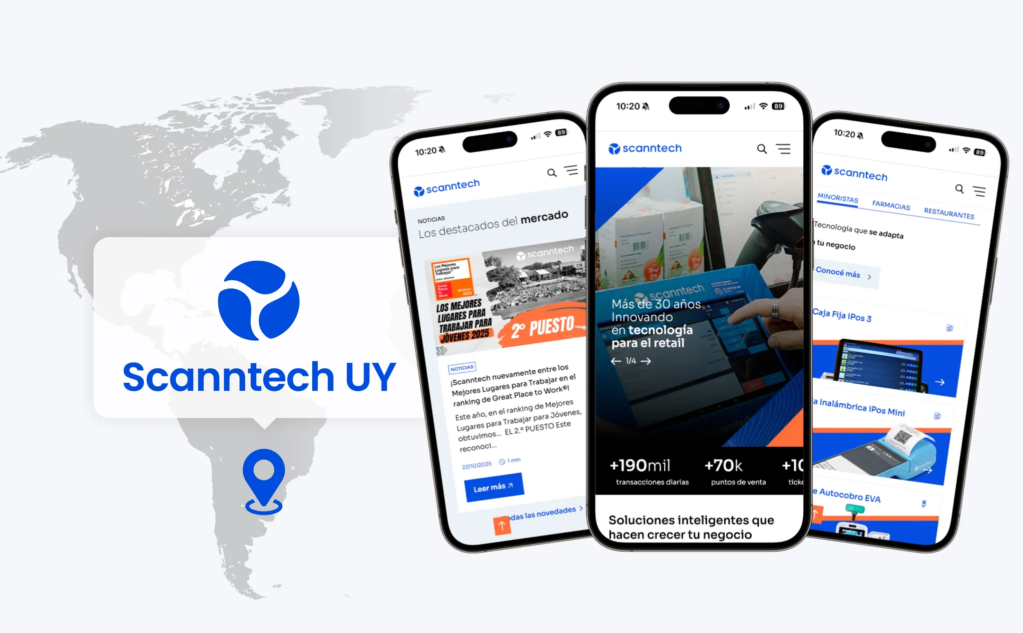 Celulares apresentando na tela o novo site institucional da Scanntech Uruguai, desenvolvido pela BASE Digital.