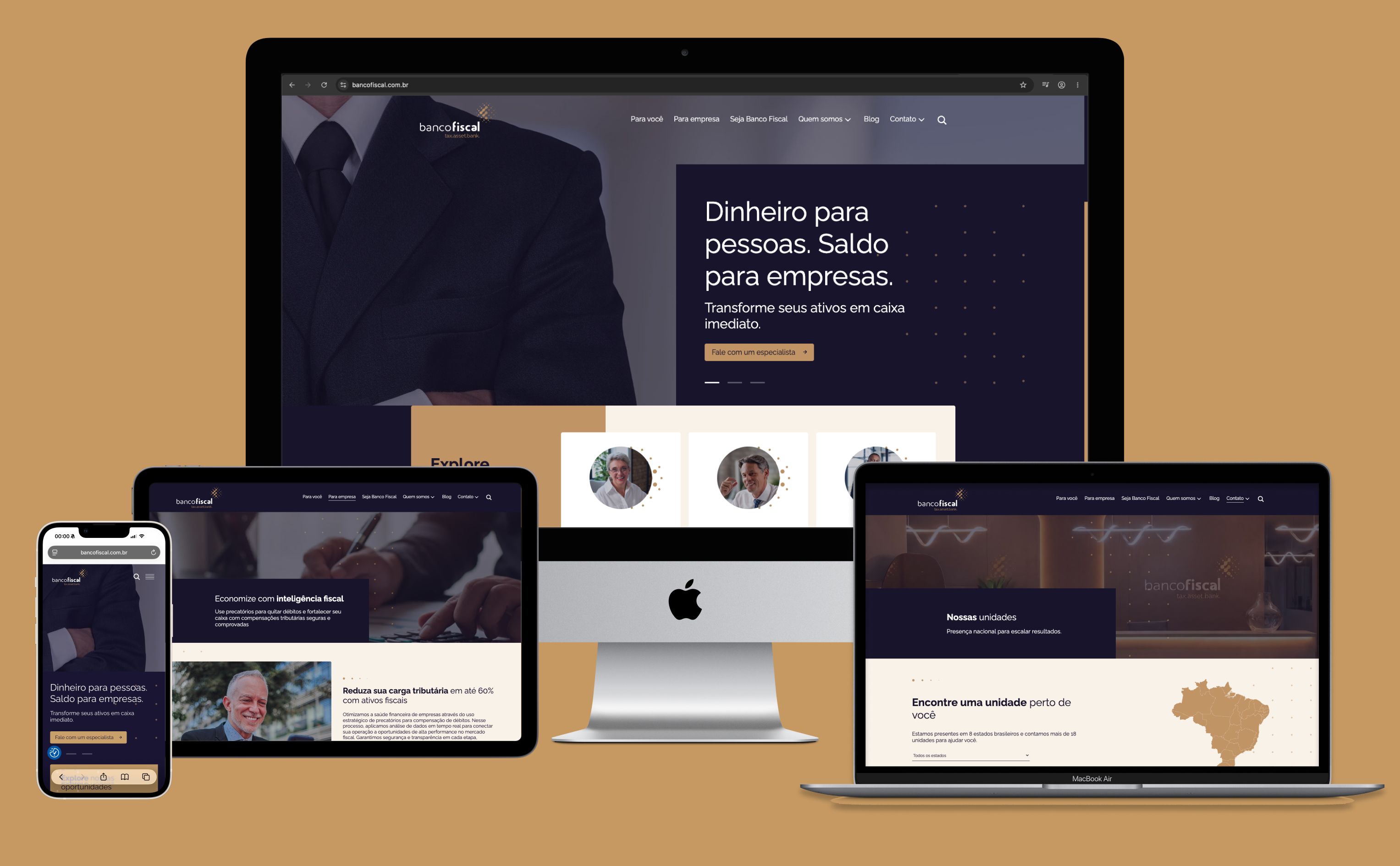 Site institucional da empresa Banco Fiscal aberto em diversos dispositivos, como notebook, desktop, celular e tablet