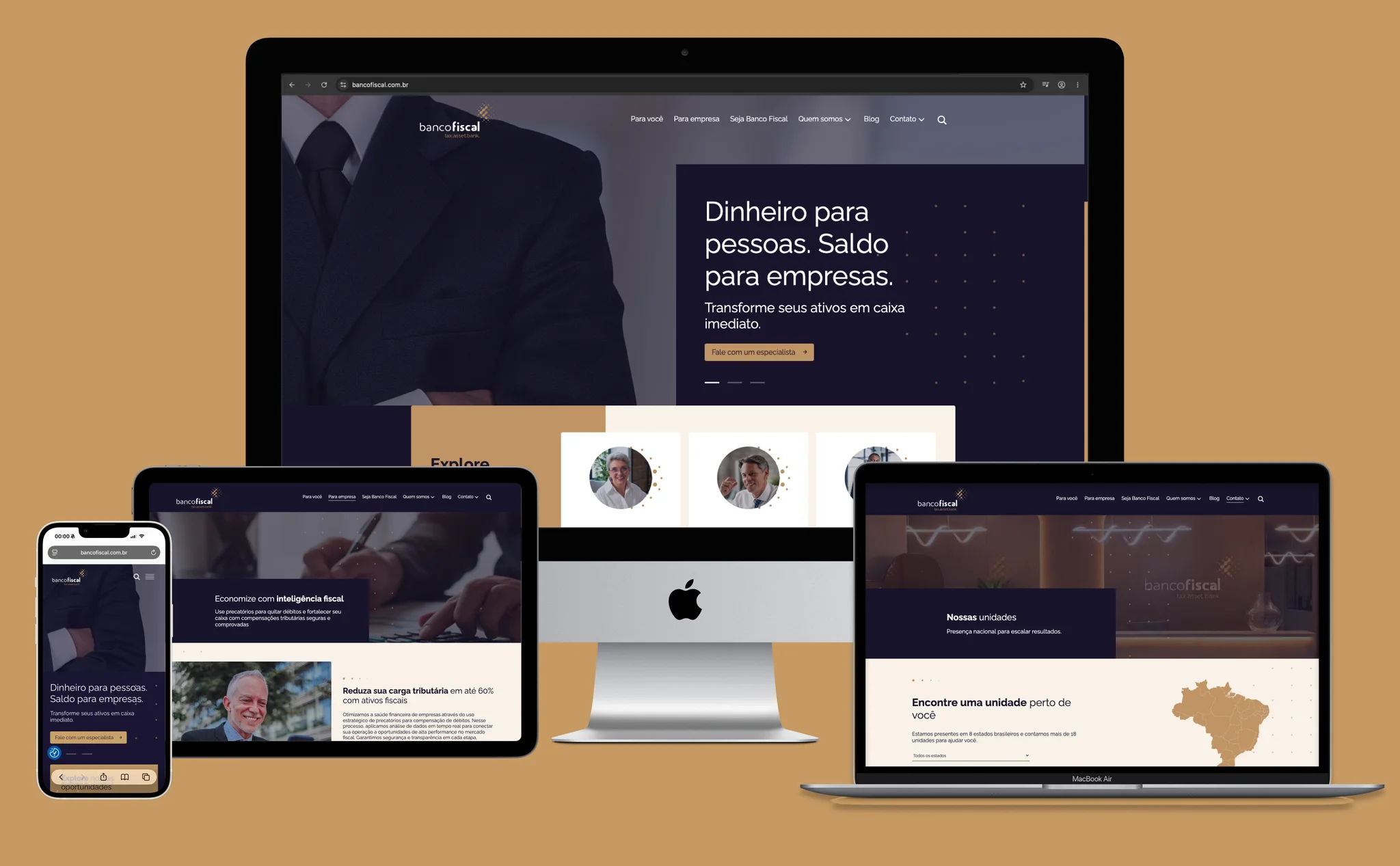 Site institucional da empresa Banco Fiscal aberto em diversos dispositivos, como notebook, desktop, celular e tablet