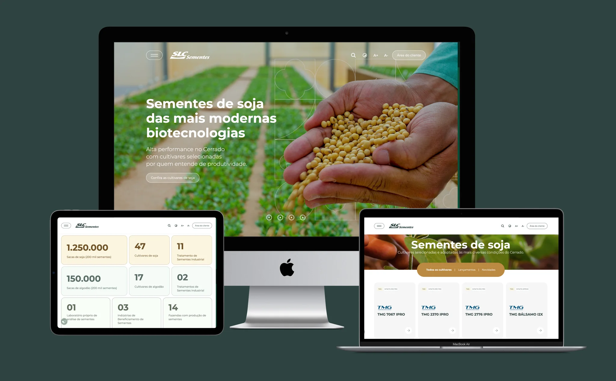 Mockups de diversos dispositivos com o site institucional da SLC Sementes na tela.