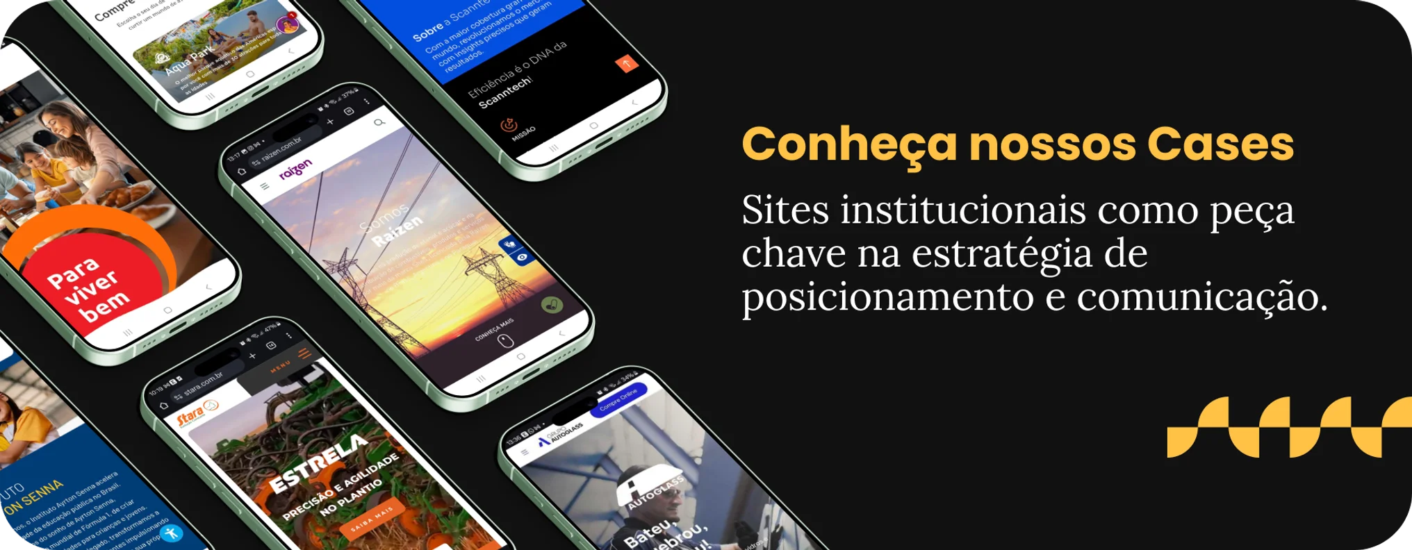 Imagem de mockups mobile de diversos cases de sites institucionais desenvolvidos pela BASE Digital e um CTA de "Conheça nossos Cases".