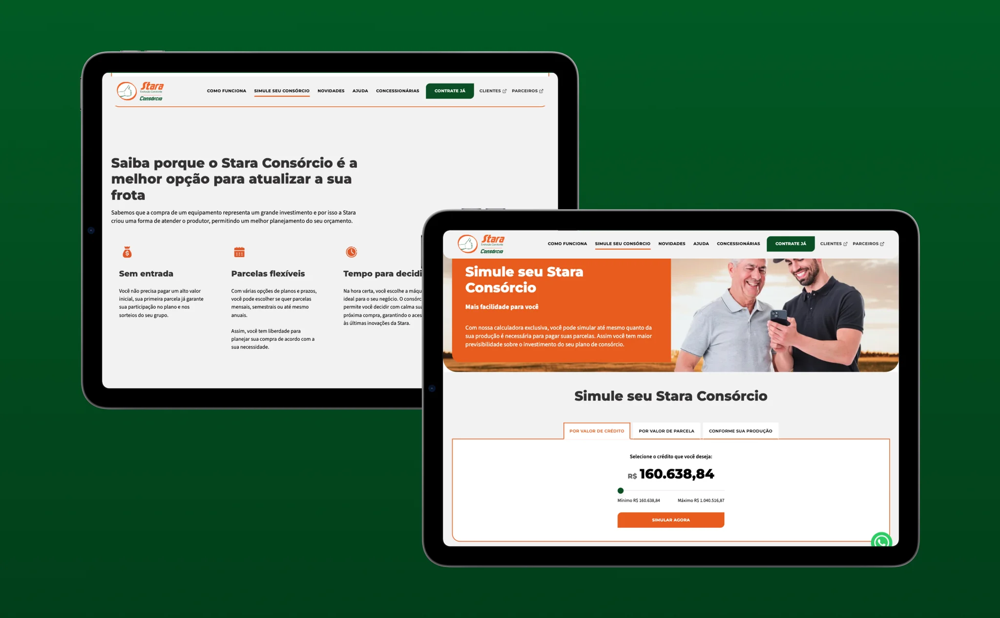 Tablets apresentando na tela o novo site institucional da Stara Consórcio, desenvolvido pela BASE Digital.